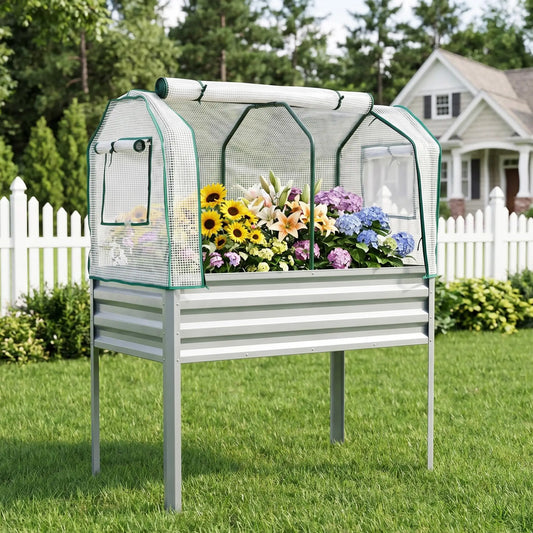 Himiss Elevated Galvanized Planter Box With Cover For Patio Gardening