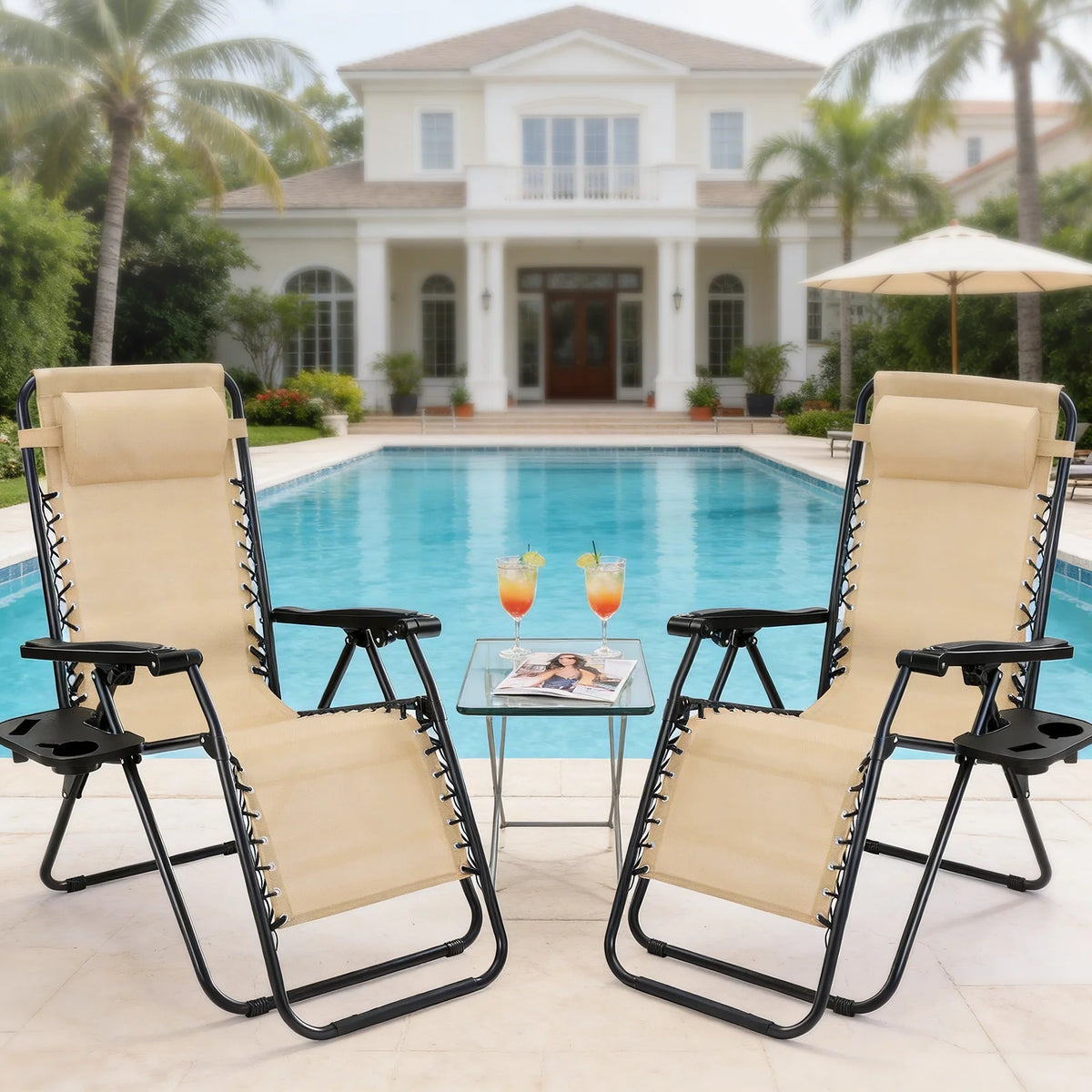 JHK Zero Gravity Recliner Set 2 Outdoor Lounge Cup Holder