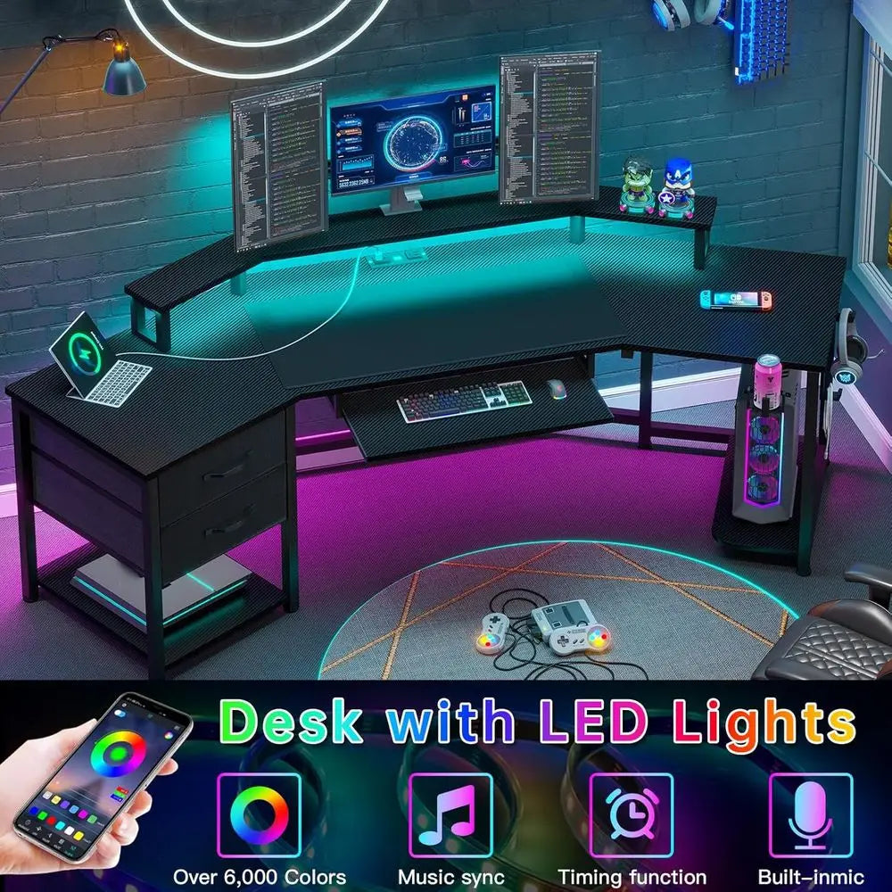 Modern L Shaped Gaming Desk With Led Lighting And Storage