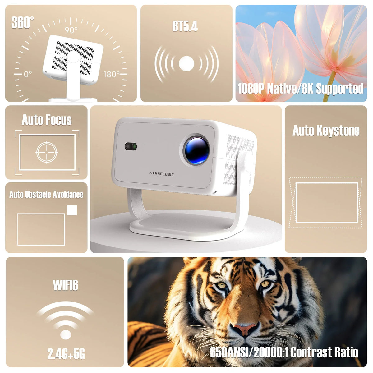 Magcubic Native 1080P Projector With Android 14 Auto Keystone Focus