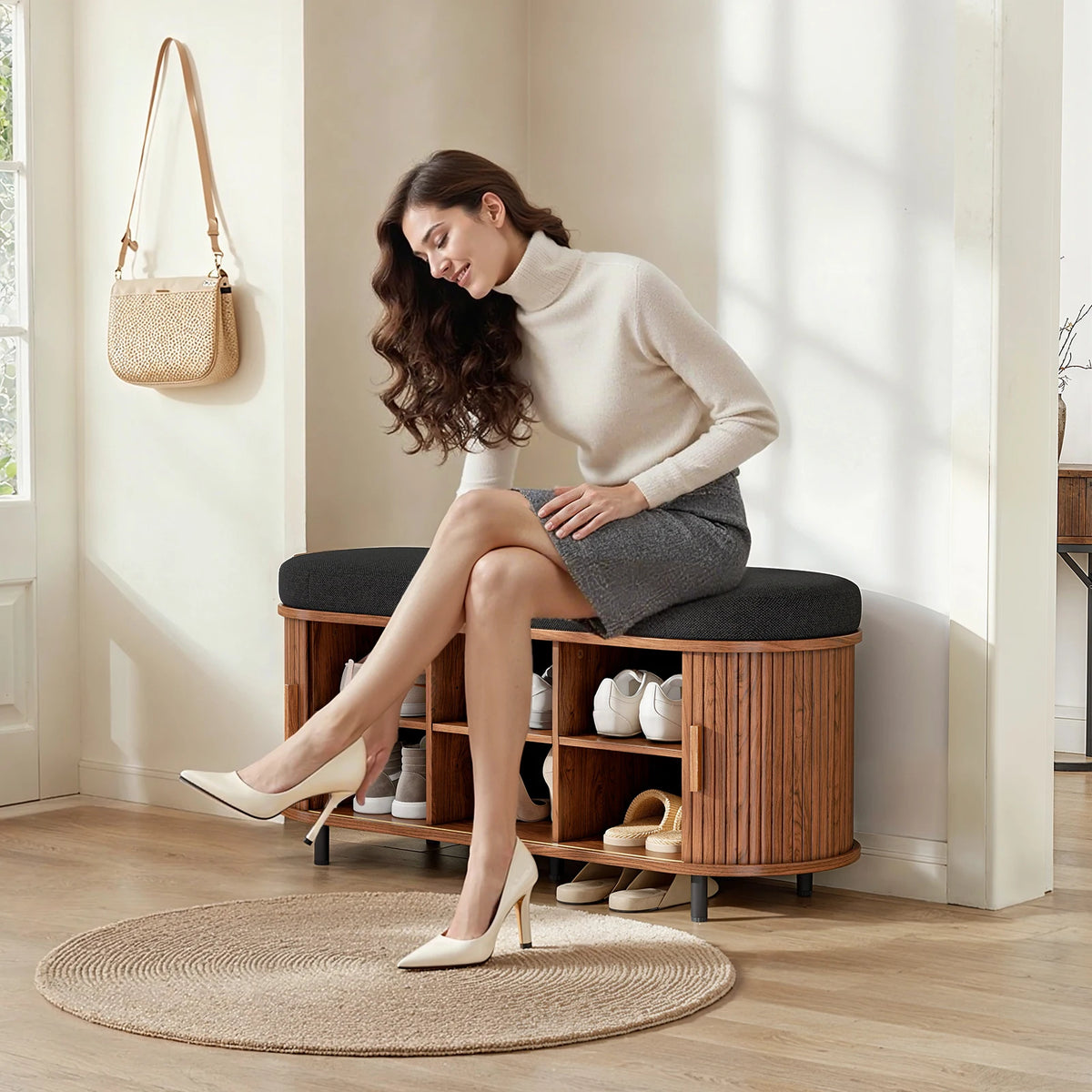 Wooden Three Tier Shoe Storage Bench With Cushioned Seat