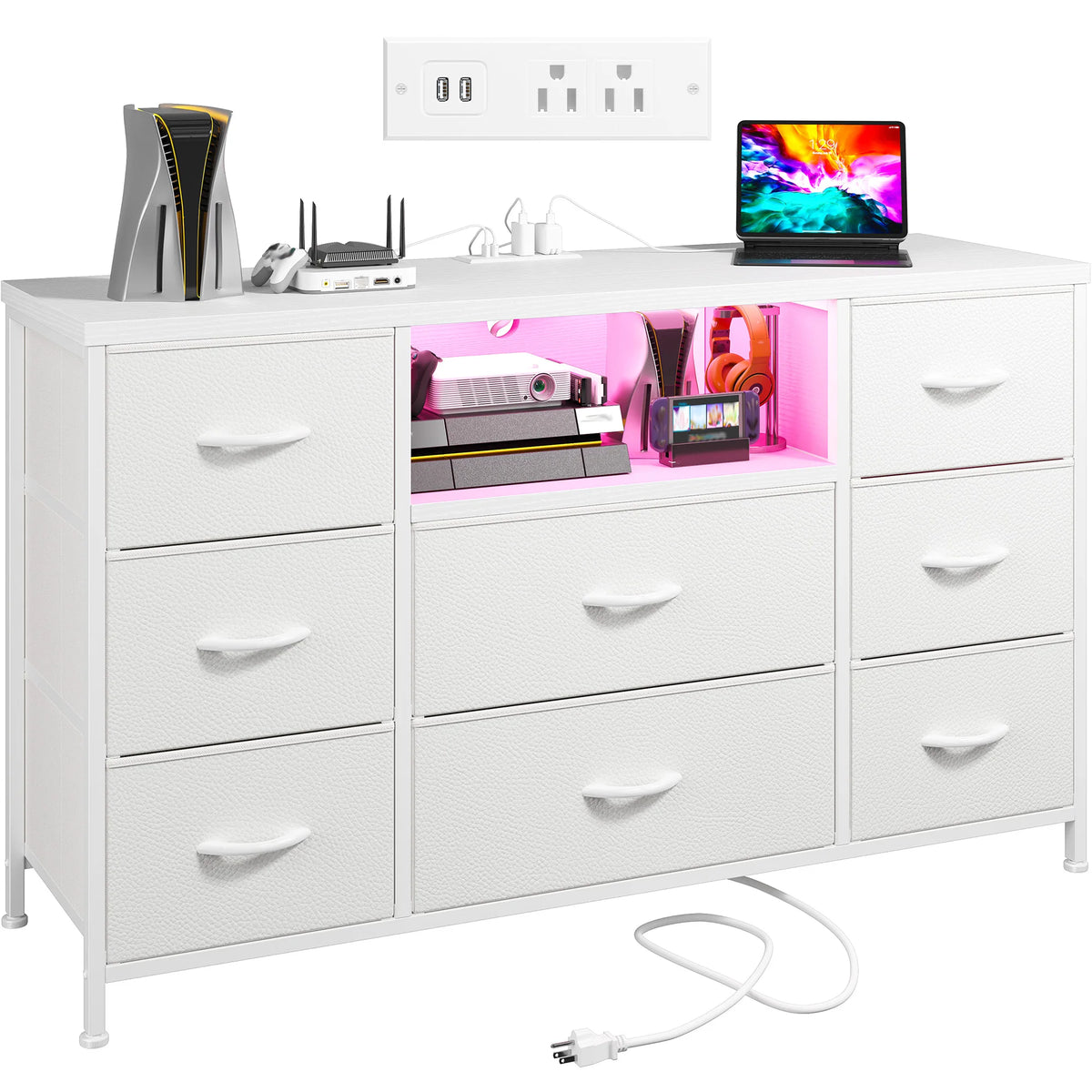 8 Drawer Media Dresser With LED Lighting And Charging Station