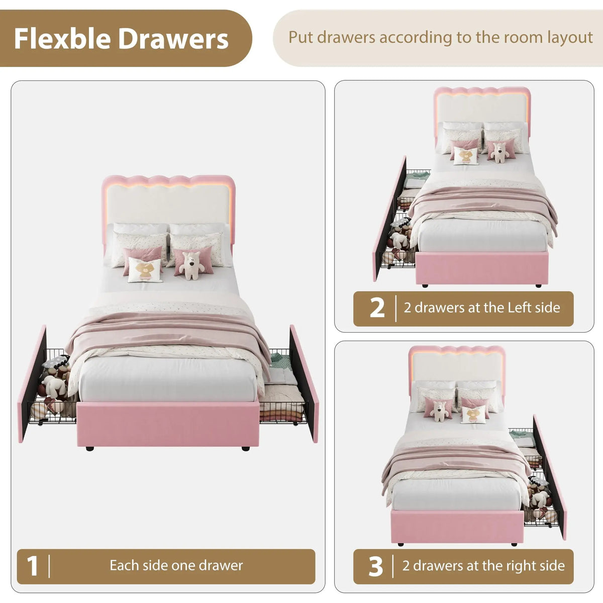 HiMISS Upholstered LED Bed Frame With Drawers And Velvet Headboard