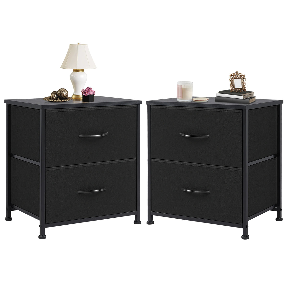 JHK Modern Metal Nightstand With Two Fabric Storage Drawers