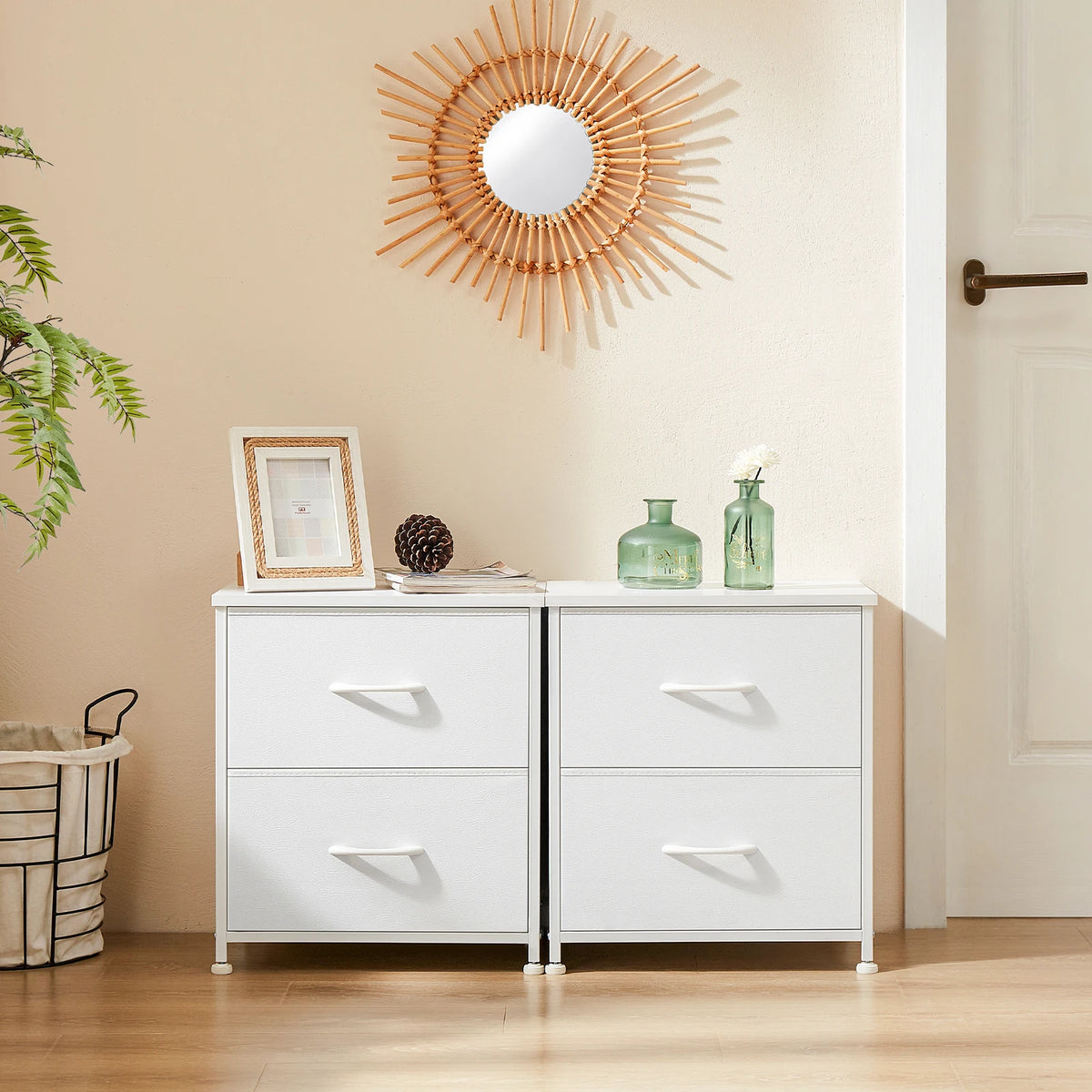 JHK Modern Metal Nightstand With Two Fabric Storage Drawers