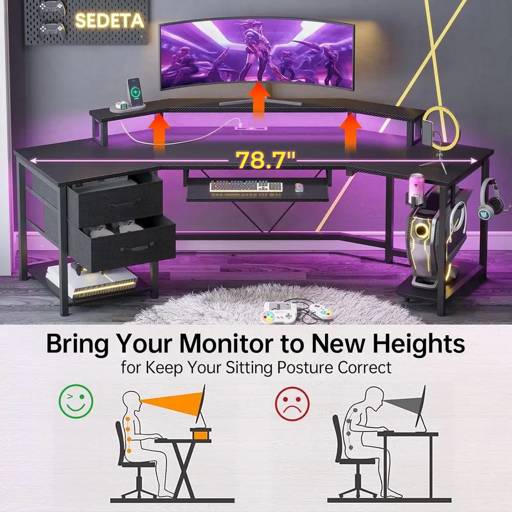 Modern L Shaped Gaming Desk With Led Lighting And Storage