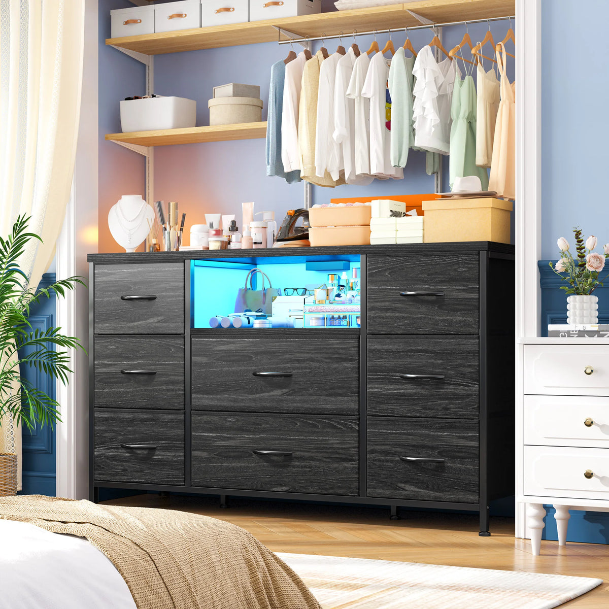 8 Drawer Media Dresser With LED Lighting And Charging Station