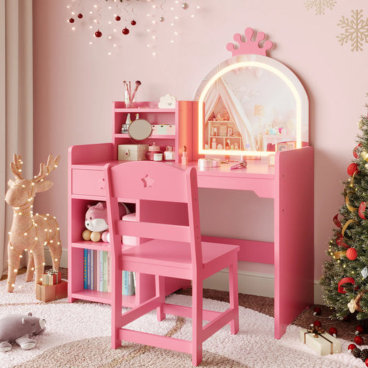 Amkui Kids Vanity Table With Lighted Mirror And Storage
