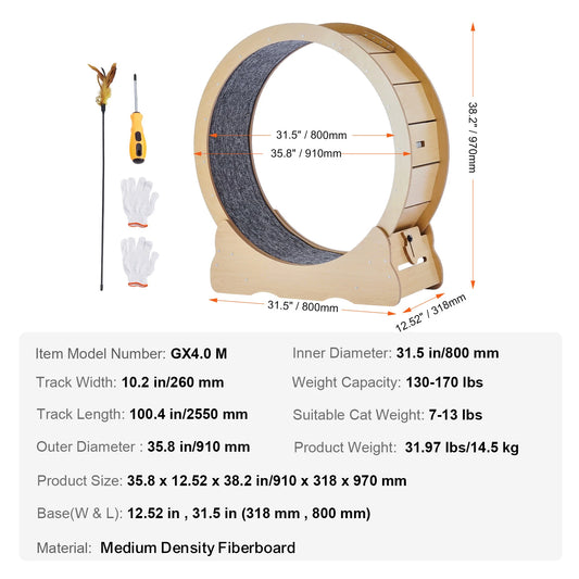 Indoor Wooden Cat Exercise Wheel With Detachable Play Carpet