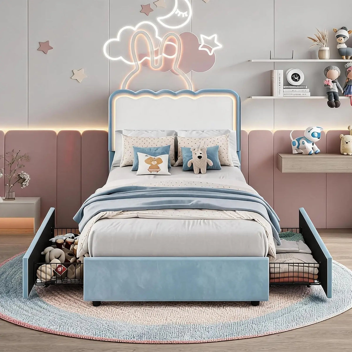 HiMISS Upholstered LED Bed Frame With Drawers And Velvet Headboard