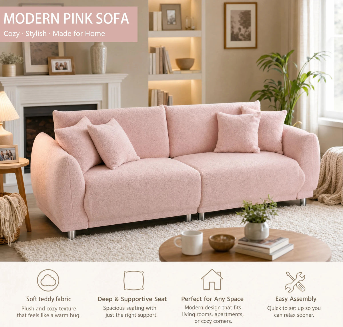 Modern Teddy Fleece Loveseat With Four Plush Throw Pillows