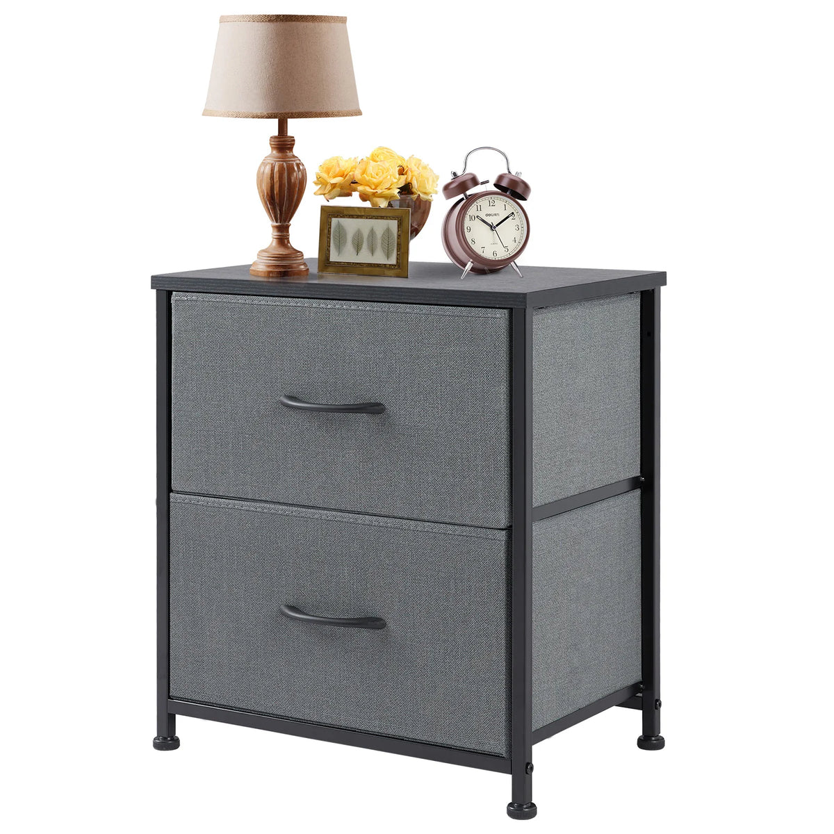 JHK Modern Metal Nightstand With Two Fabric Storage Drawers