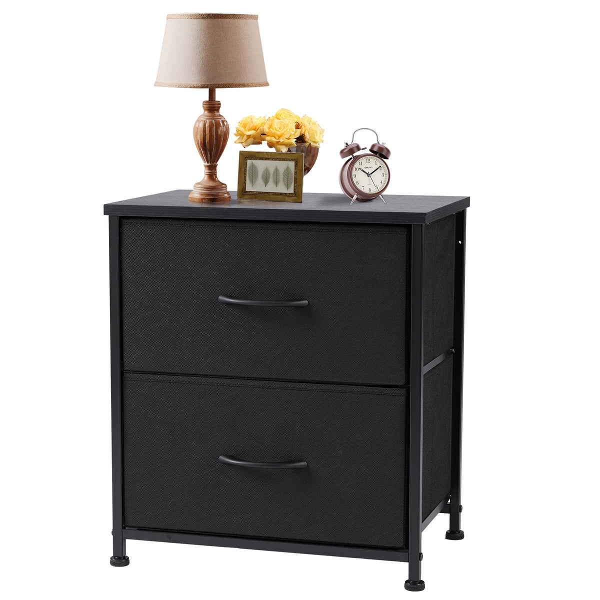 JHK Modern Metal Nightstand With Two Fabric Storage Drawers