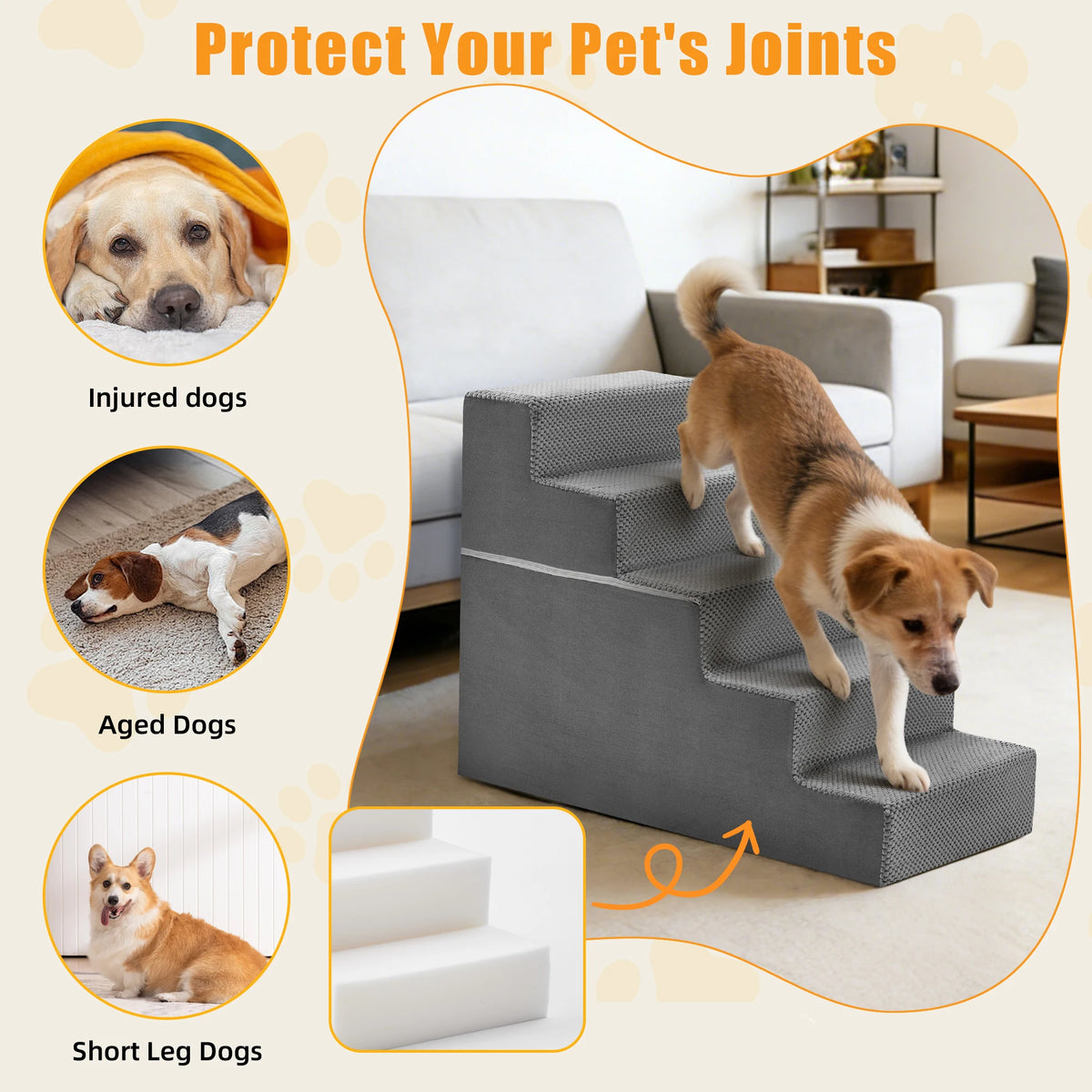 Non Slip Foam Dog Stair Ramp With Curved Indoor Steps