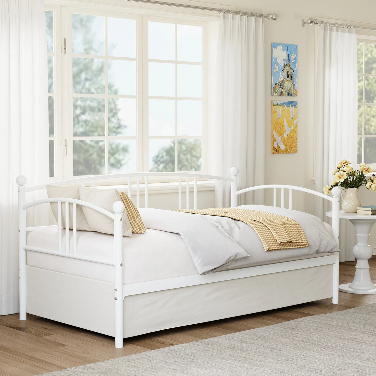 Gaomon Classic Metal Daybed With Trundle And Steel Slat Support