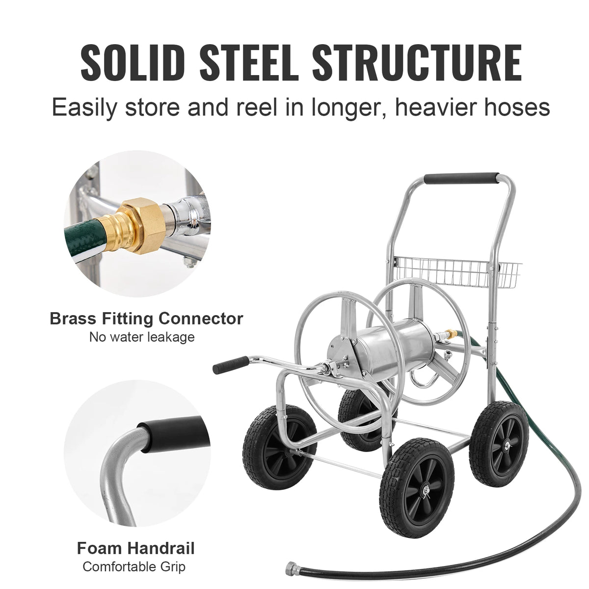 SucceBuy Heavy Duty Steel Garden Hose Reel Cart Storage Basket