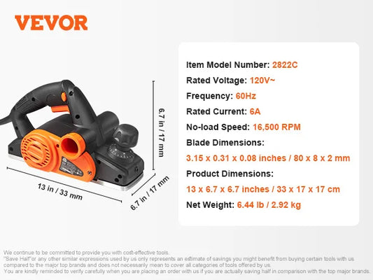 VEVOR Electric Hand Planer High Power Corded Woodworking Tool