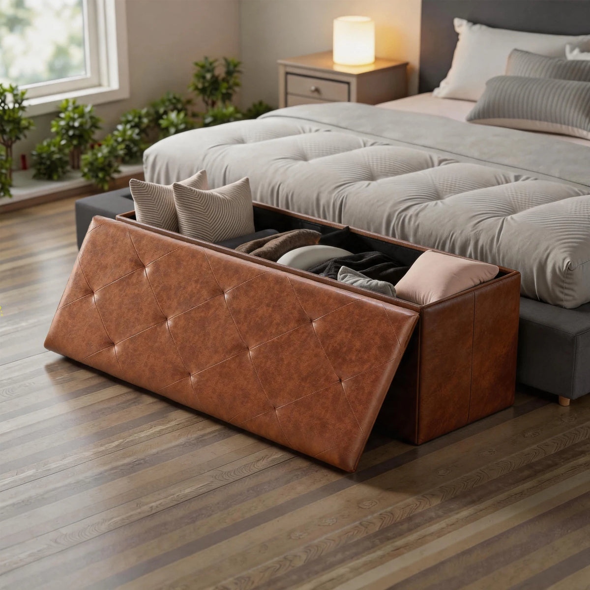 Sarenzoon Tufted Faux Leather Folding Storage Bench Ottoman