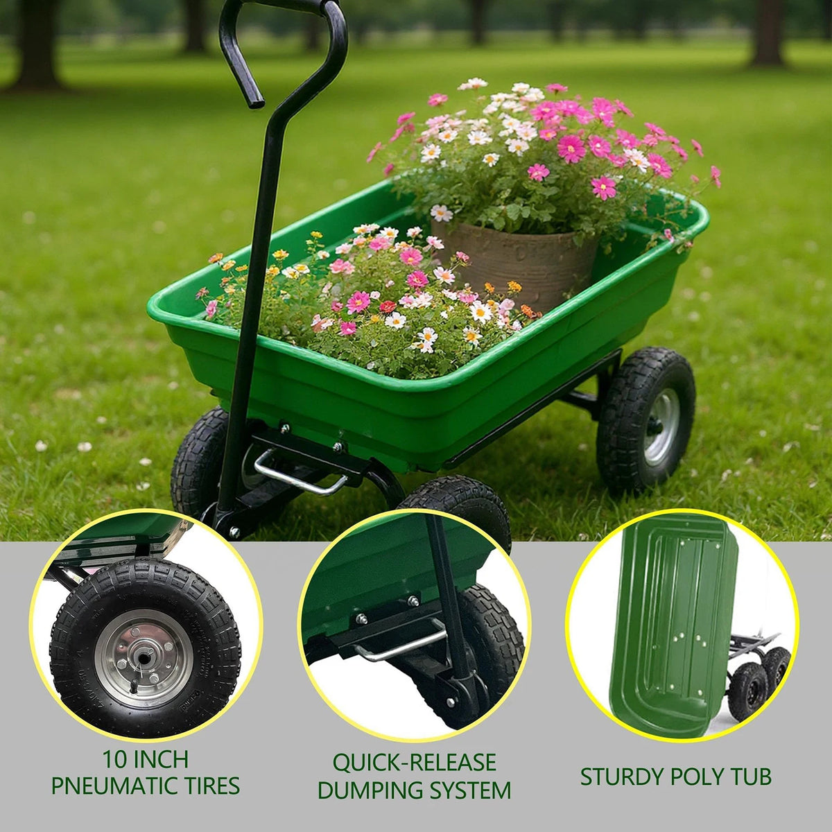HiMISS Heavy Duty 4 Wheel Garden Dump Cart Poly Bed