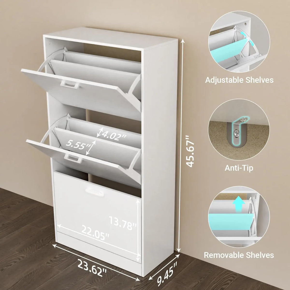 Freestanding Wooden Shoe Storage Cabinet With Flip Drawers