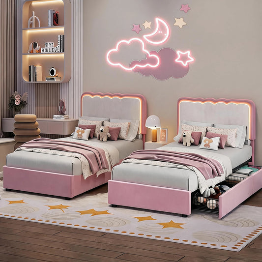 HiMISS Upholstered LED Bed Frame With Drawers And Velvet Headboard
