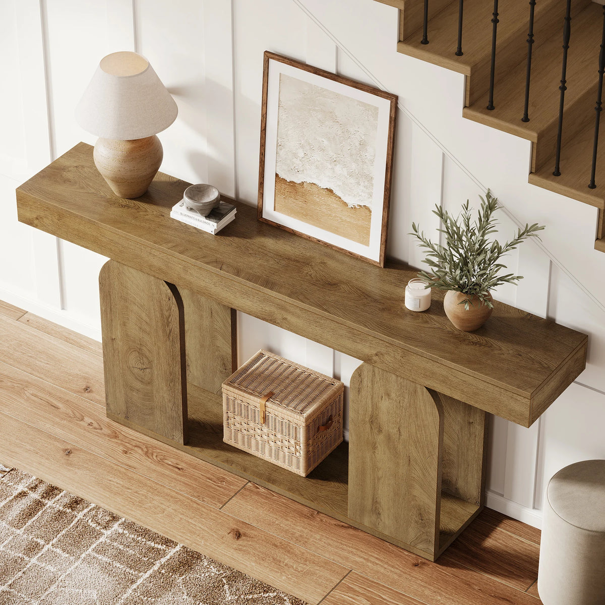 Tribesigns Farmhouse Wood Console Table With Double Tier U Base