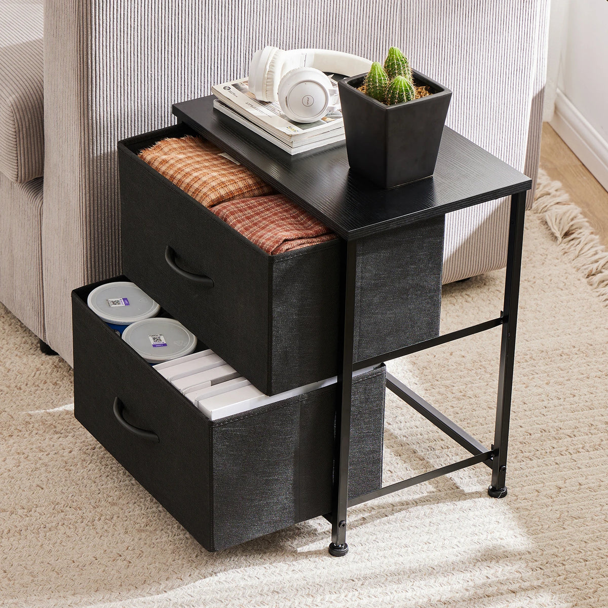 JHK Modern Metal Nightstand With Two Fabric Storage Drawers