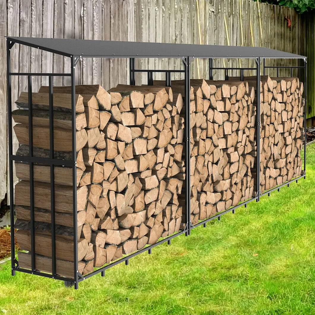 Heavy Duty Metal Firewood Rack With Cover For Outdoor Storage