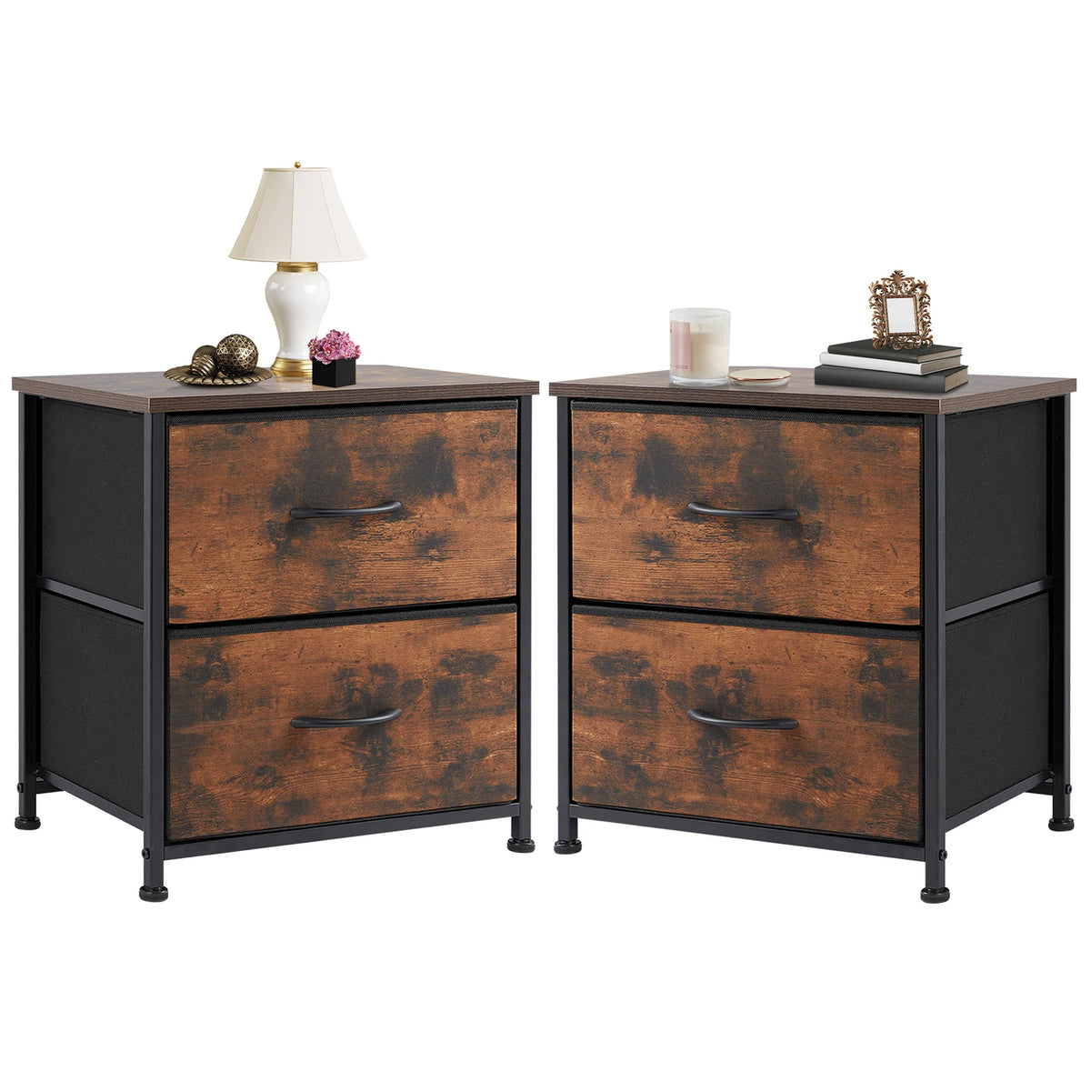 JHK Modern Metal Nightstand With Two Fabric Storage Drawers