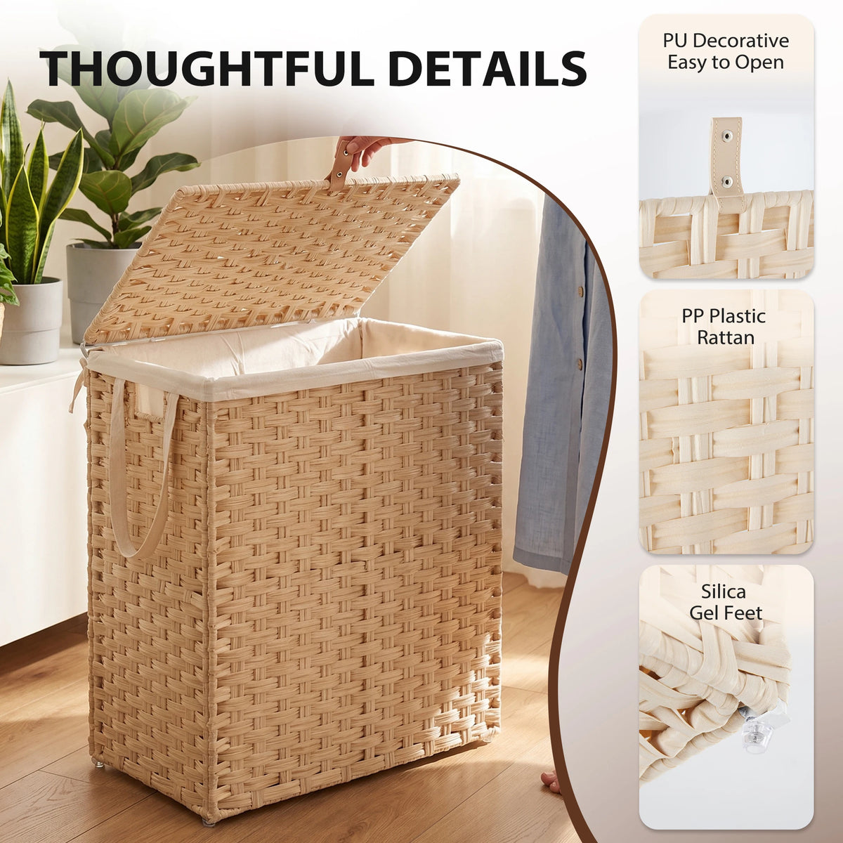 Foldable Wicker Laundry Basket With Lid And Steel Frame