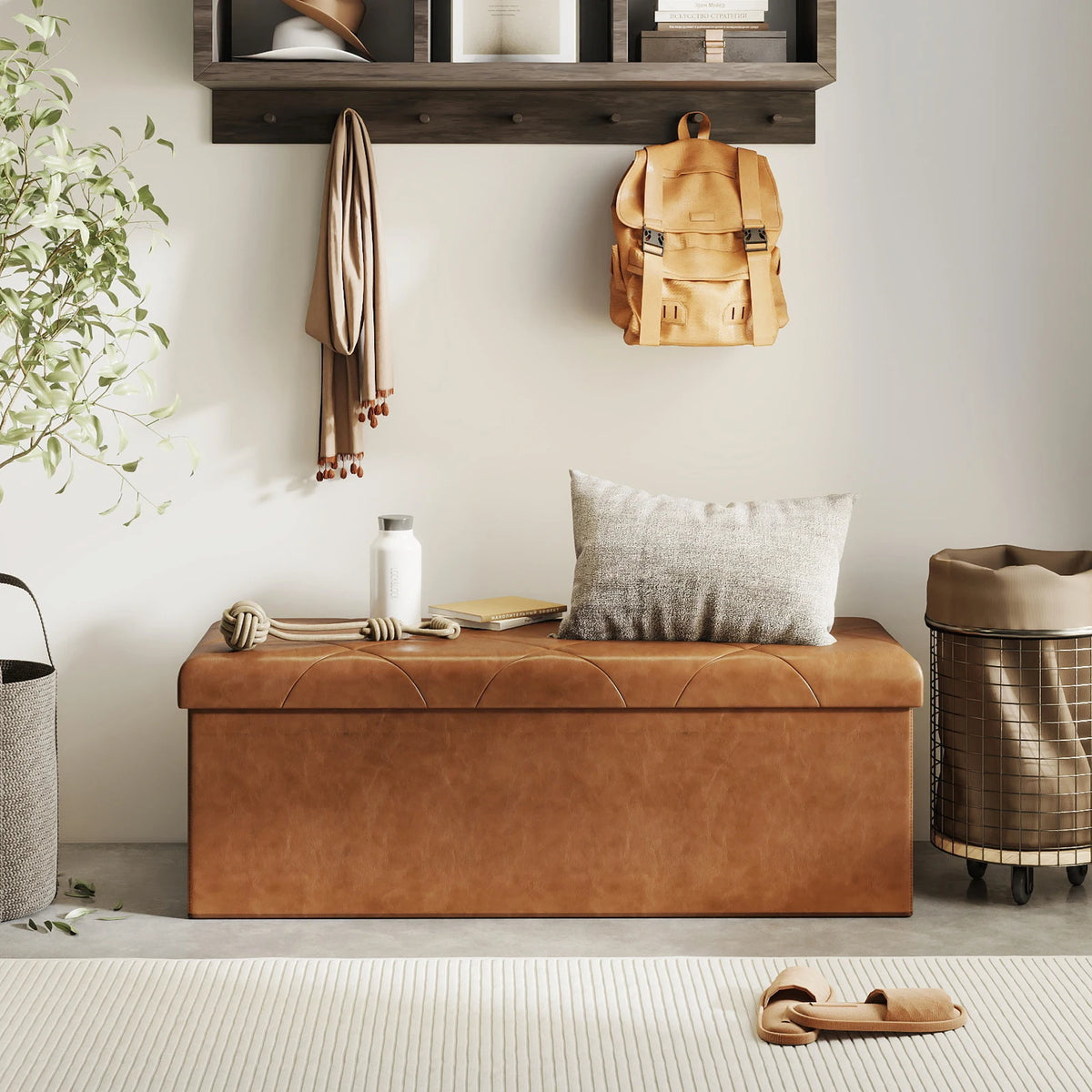 Sarenzoon Tufted Faux Leather Folding Storage Bench Ottoman