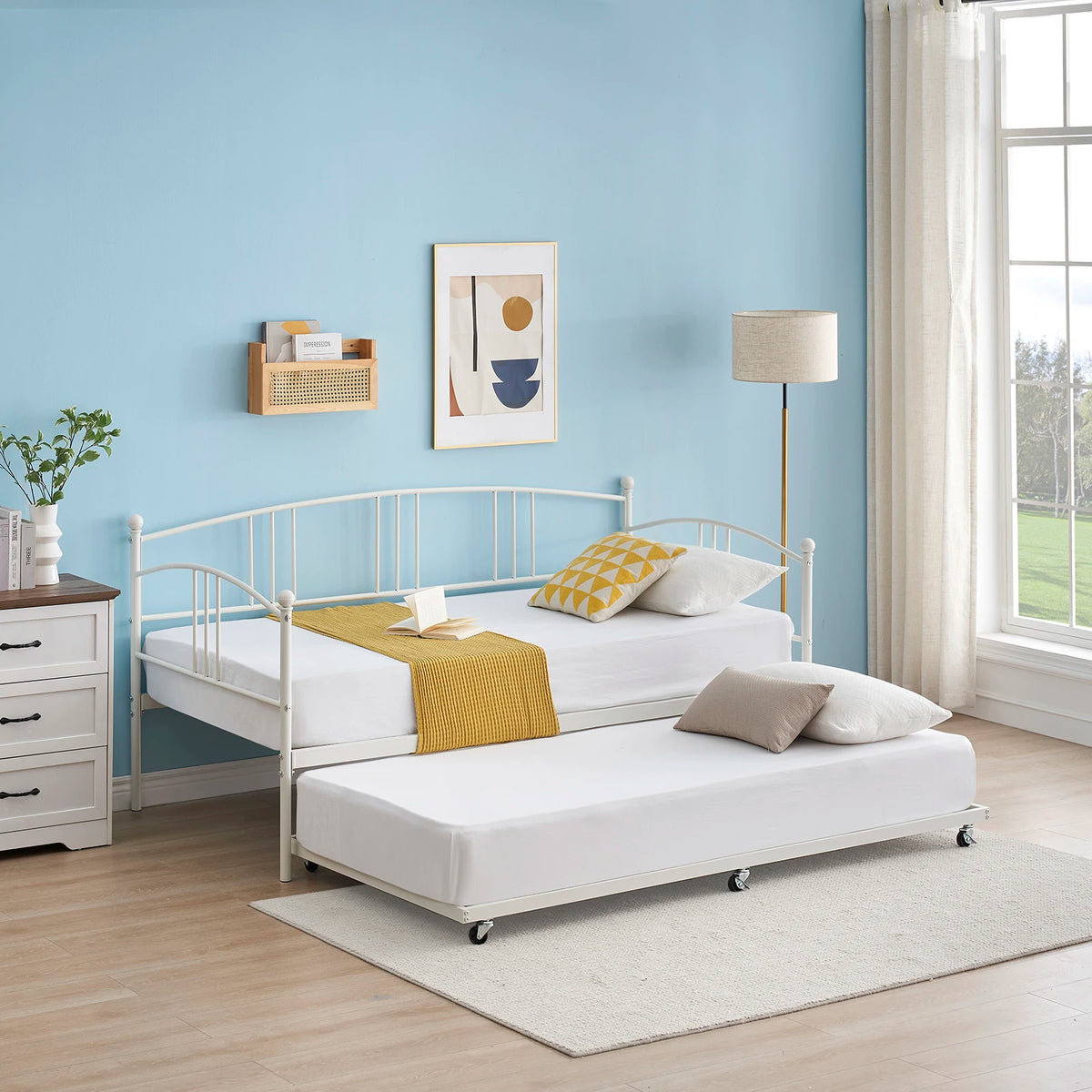 Gaomon Classic Metal Daybed With Trundle And Steel Slat Support