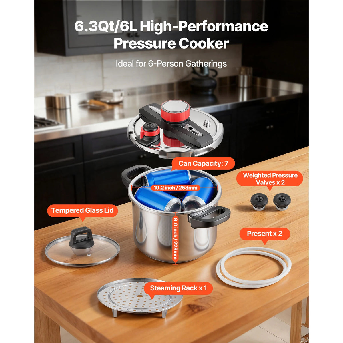 SucceBuy Stainless Steel Pressure Cooker With Tempered Glass Lid