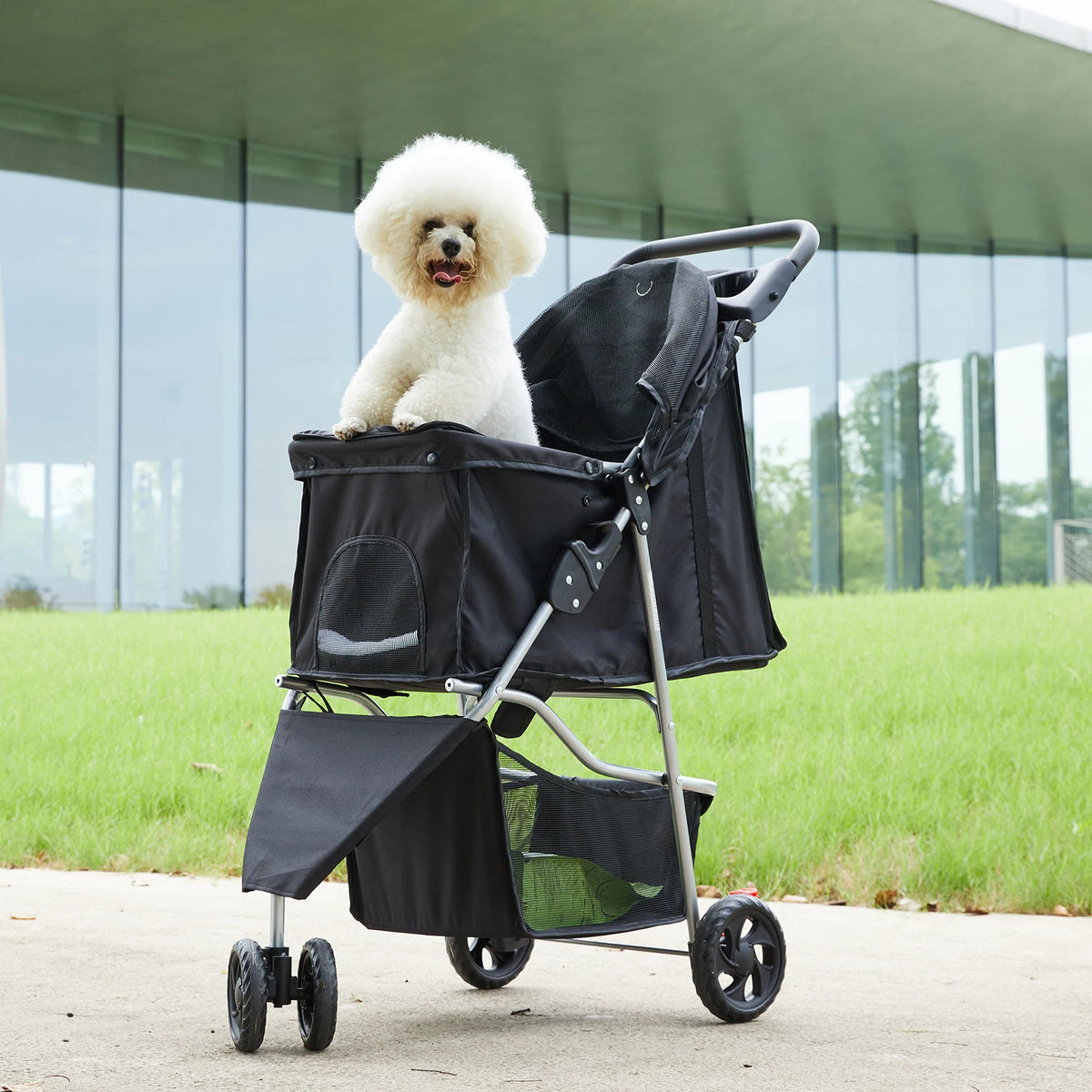 Dumos Foldable 3 Wheel Pet Stroller With Mesh Window Basket