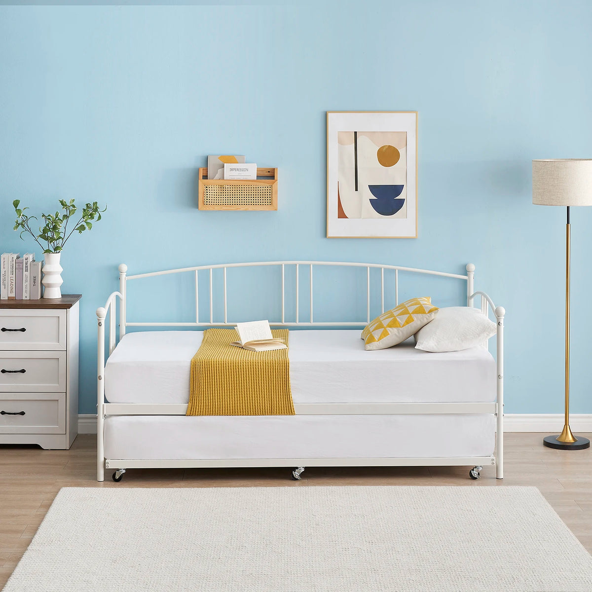 Gaomon Classic Metal Daybed With Trundle And Steel Slat Support
