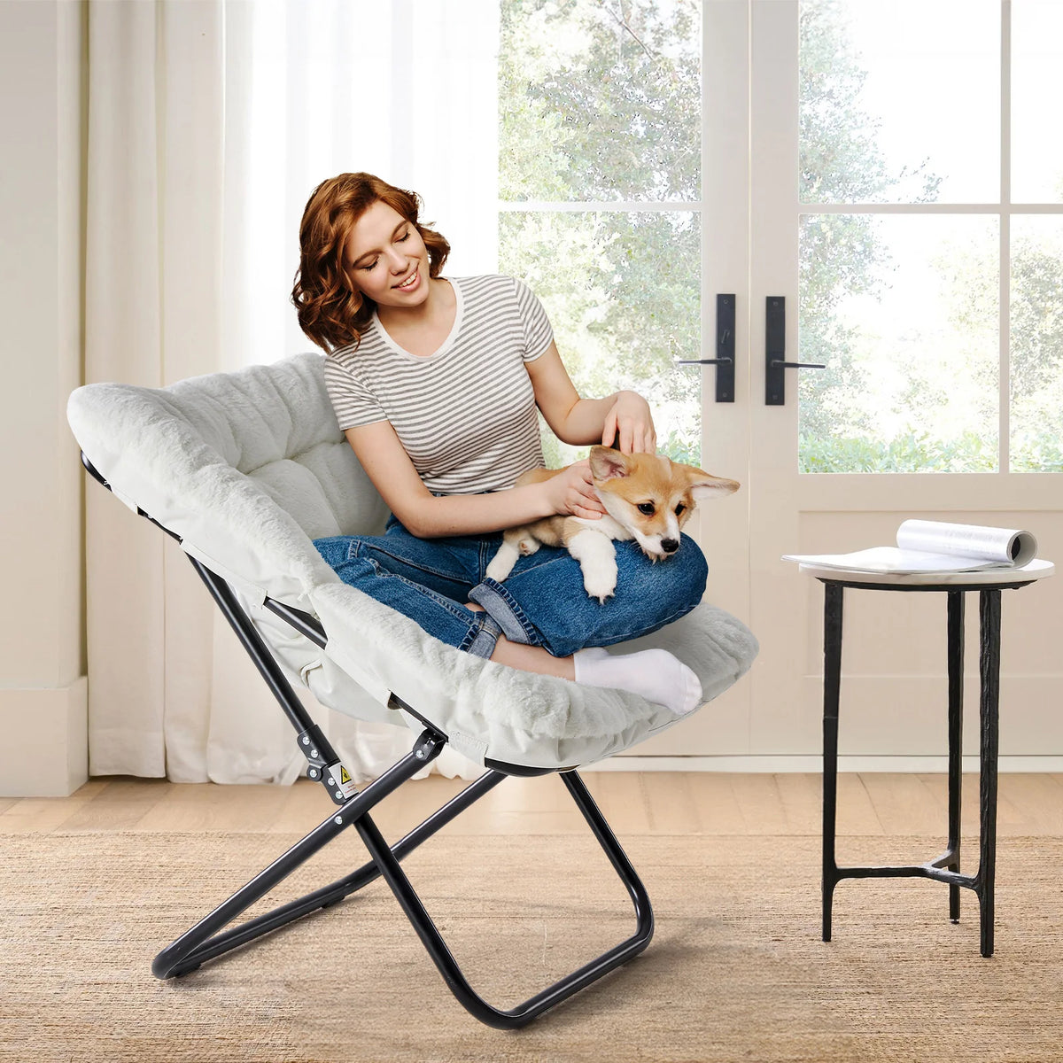 JHK Folding Saucer Chair With Padded Seat And Metal Frame