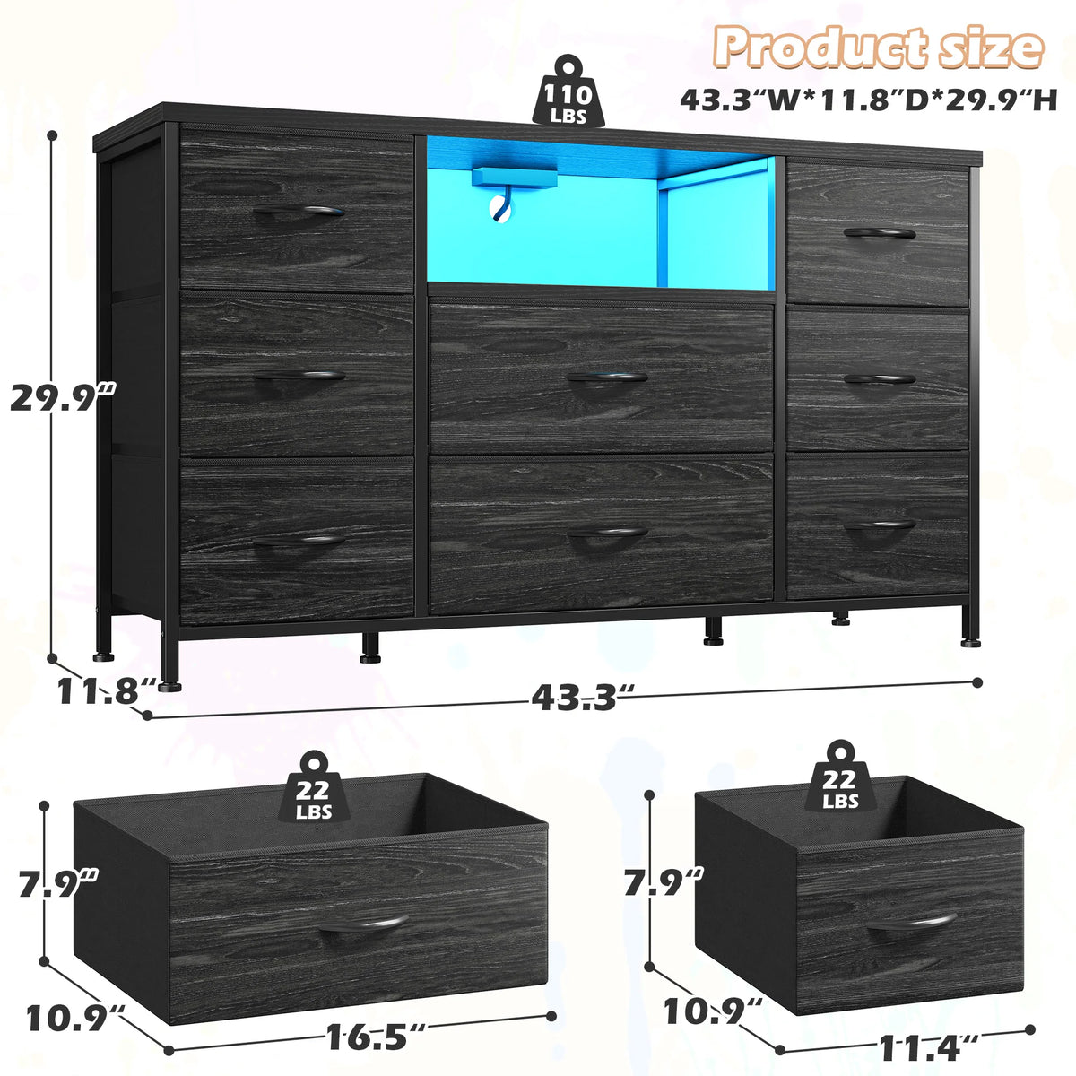 8 Drawer Media Dresser With LED Lighting And Charging Station