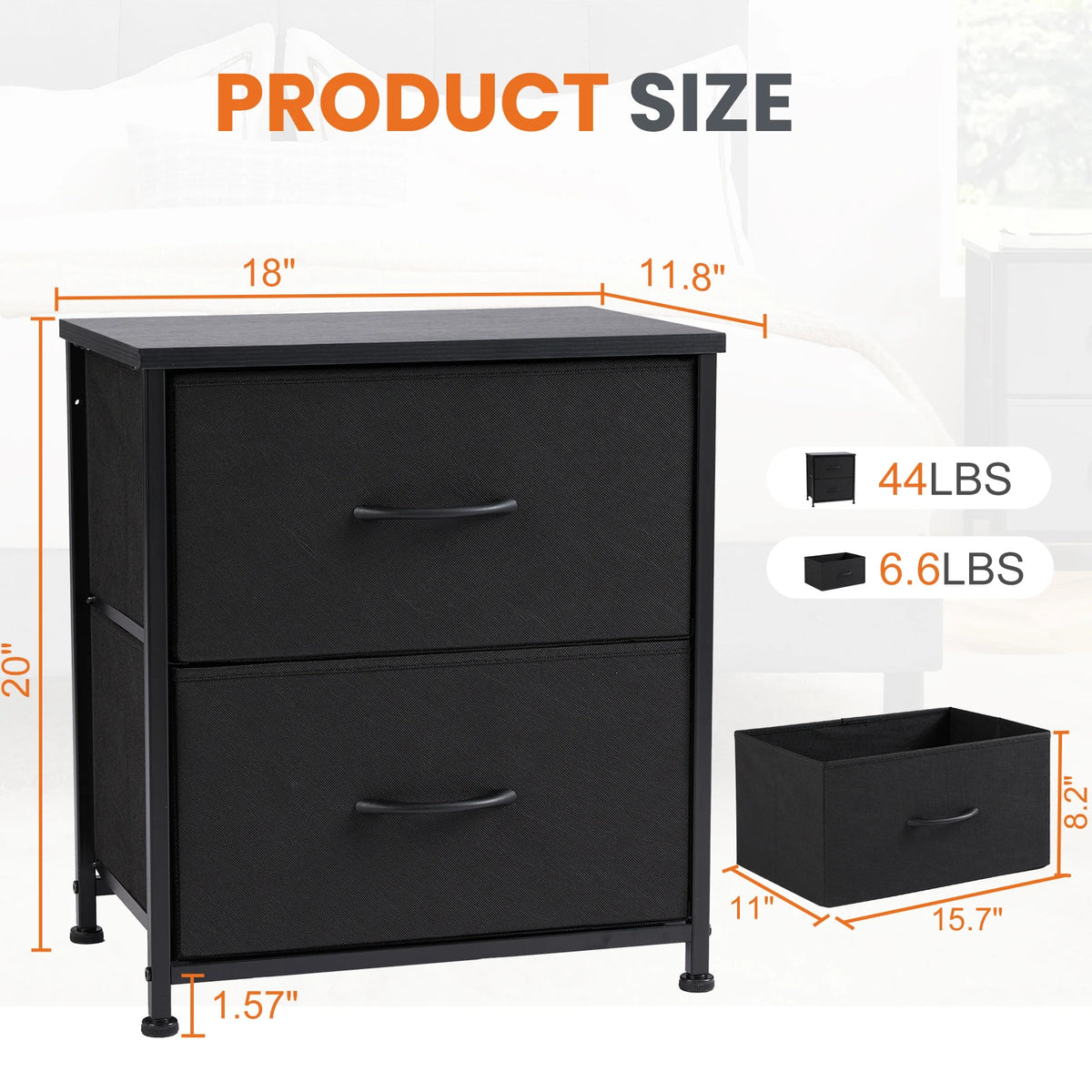 JHK Modern Metal Nightstand With Two Fabric Storage Drawers