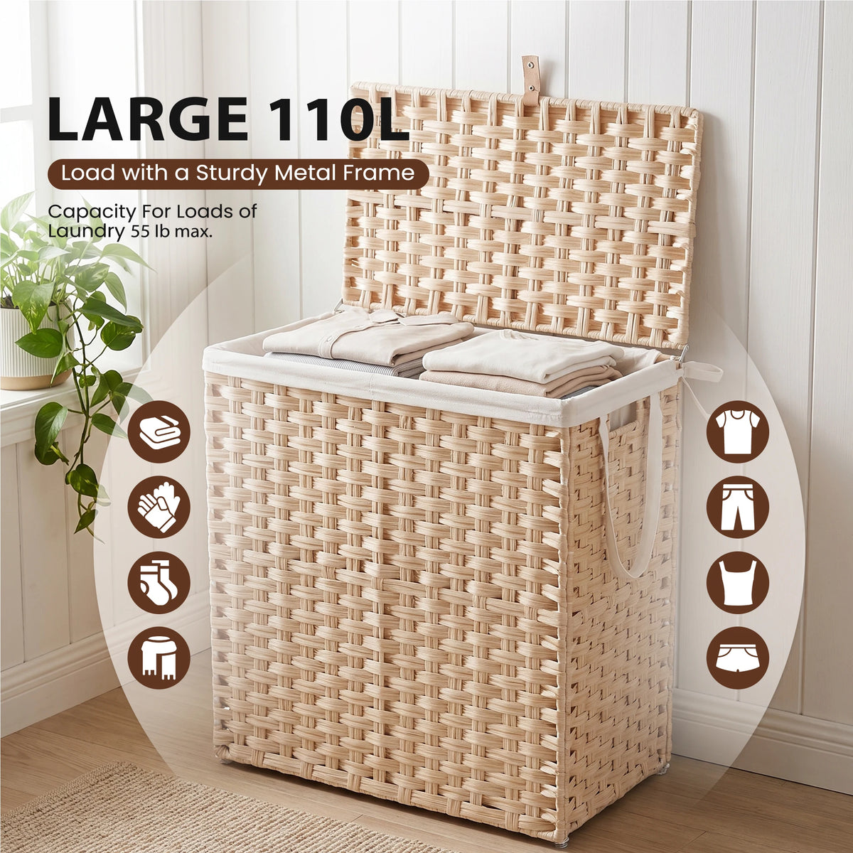 Foldable Wicker Laundry Basket With Lid And Steel Frame