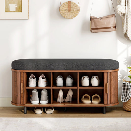 Wooden Three Tier Shoe Storage Bench With Cushioned Seat