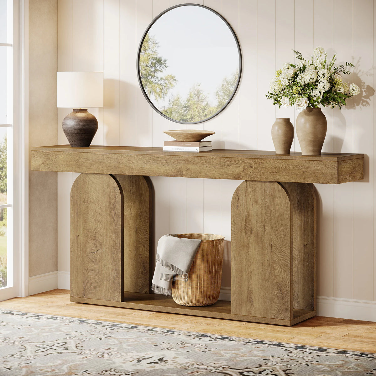 Tribesigns Farmhouse Wood Console Table With Double Tier U Base