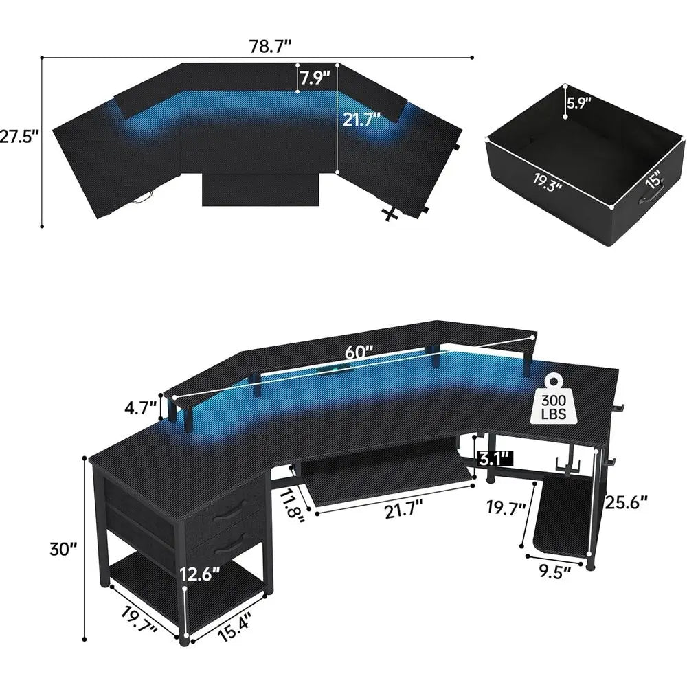 Modern L Shaped Gaming Desk With Led Lighting And Storage