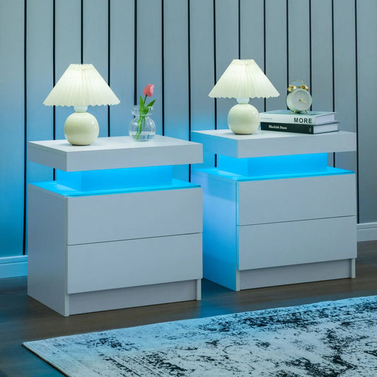 Cubehom Set Of 2 LED Nightstands With Drawers Bedside Table