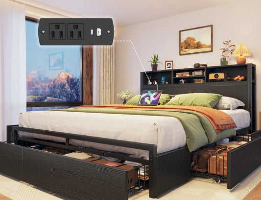 EnHomee Metal Platform Bed Frame With Six Storage Drawers
