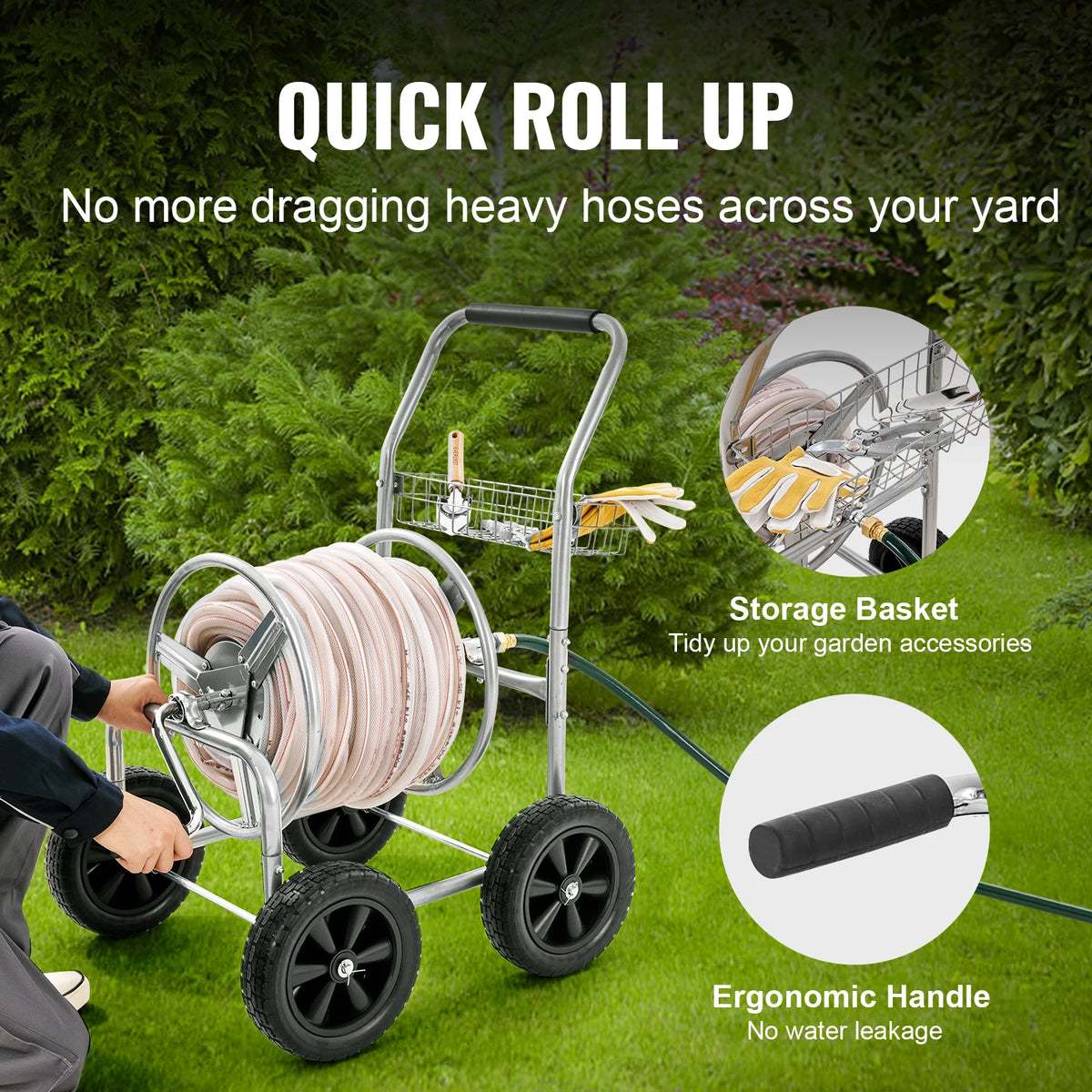 SucceBuy Heavy Duty Steel Garden Hose Reel Cart Storage Basket