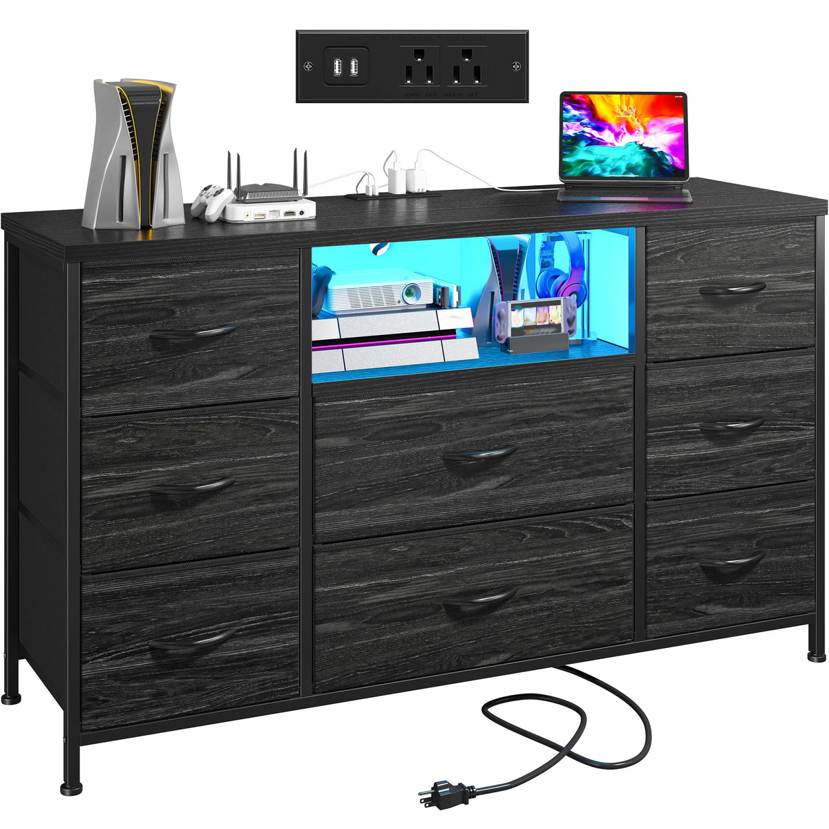 8 Drawer Media Dresser With LED Lighting And Charging Station