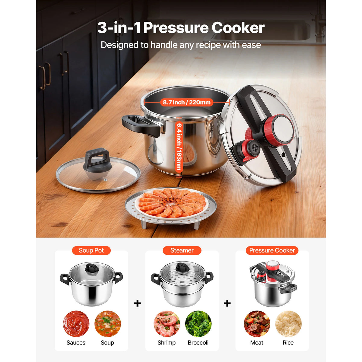 SucceBuy Stainless Steel Pressure Cooker With Tempered Glass Lid