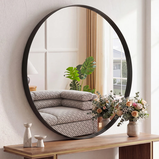 JHK Modern Round Vanity Wall Mirror With Matte Metal Frame