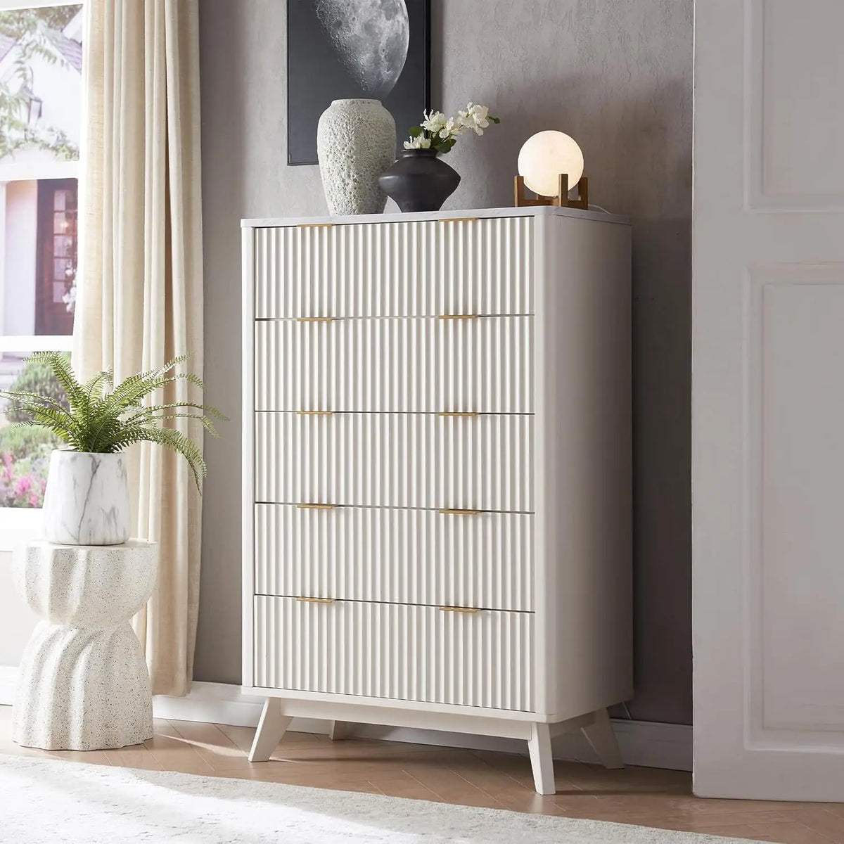 Modern Fluted Five Drawer Wooden Dresser With Wide Top Storage