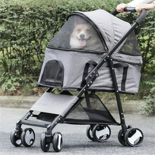 Foldable Pet Dog Stroller With 4 Wheels And Rain Cover